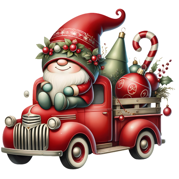 Whimsical Santa rides in a festive red truck, filled with colorful ornaments, a candy cane, and a Christmas tree.DTF Transfers