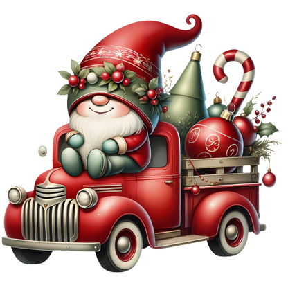 Whimsical Santa rides in a festive red truck, filled with colorful ornaments, a candy cane, and a Christmas tree.DTF Transfers