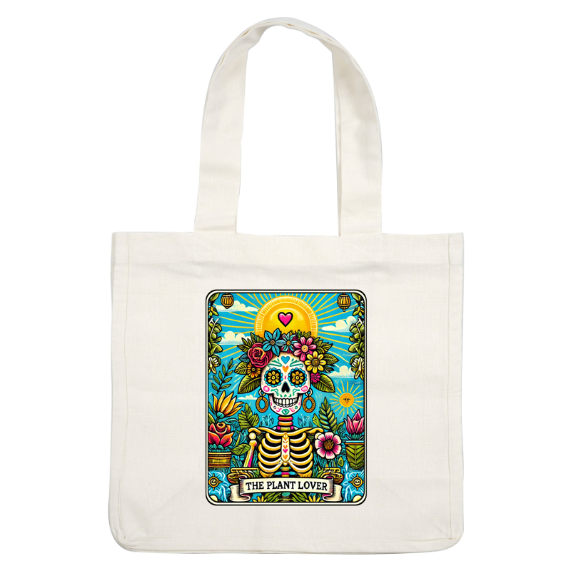 A vibrant, colorful illustration of a sugar skull adorned with flowers and plants, titled "The Plant Lover." dtf prints