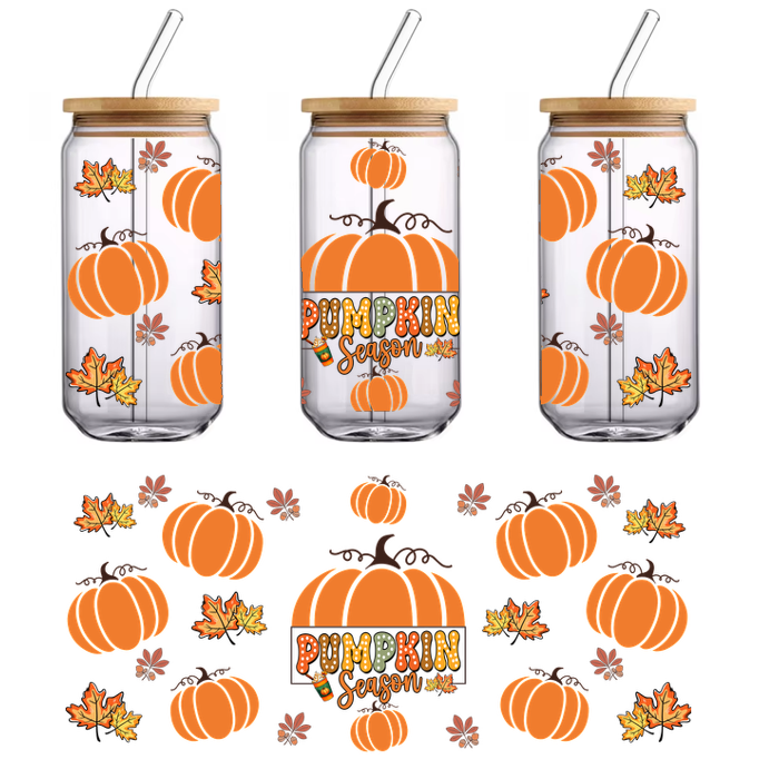 Celebre los colores vibrantes del otoño con este diseño festivo "Temporada de calabazas" que presenta calabazas y hojas otoñales. Transferencias UV