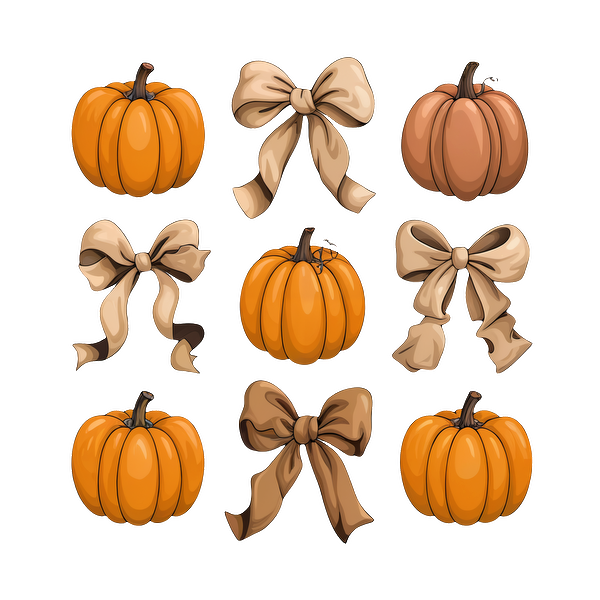 ¡Una divertida colección de calabazas y lazos decorativos, perfecta para celebrar el otoño y las vibraciones de Halloween!