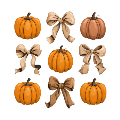 ¡Una divertida colección de calabazas y lazos decorativos, perfecta para celebrar el otoño y las vibraciones de Halloween!