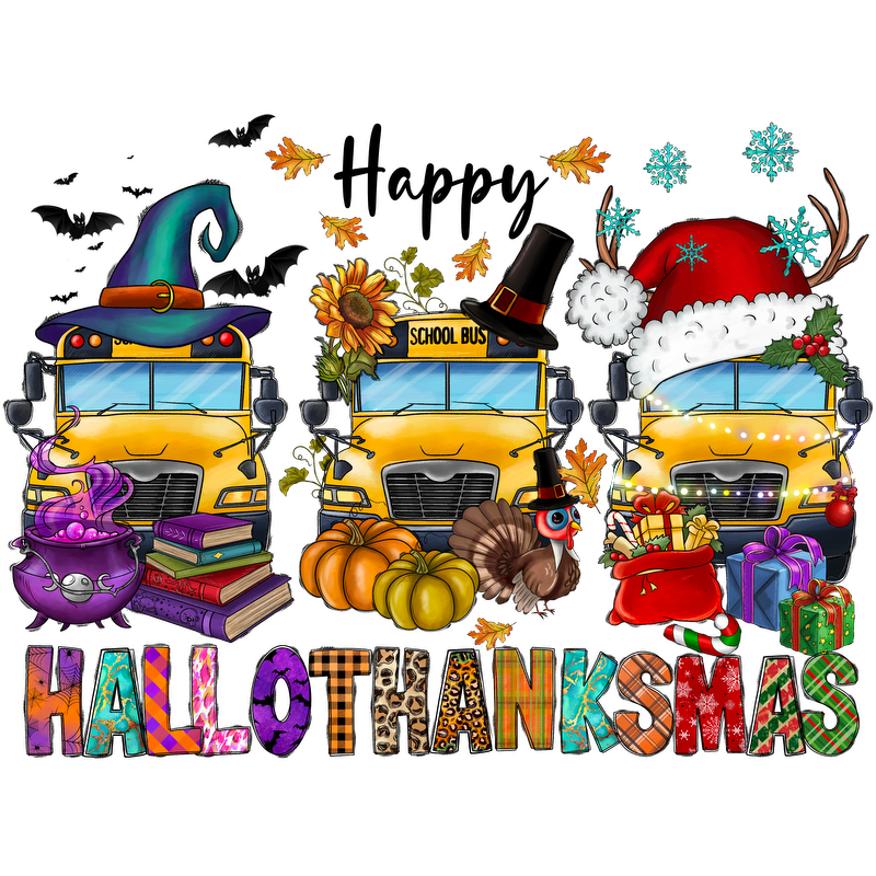 A whimsical illustration featuring three festive school buses adorned with seasonal hats and surrounded by autumn and holiday decorations.DTF Transfersdtf regular iron dtf transfers