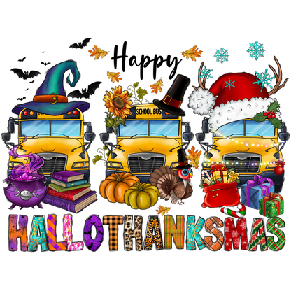 A whimsical illustration featuring three festive school buses adorned with seasonal hats and surrounded by autumn and holiday decorations.DTF Transfersdtf regular iron dtf transfers