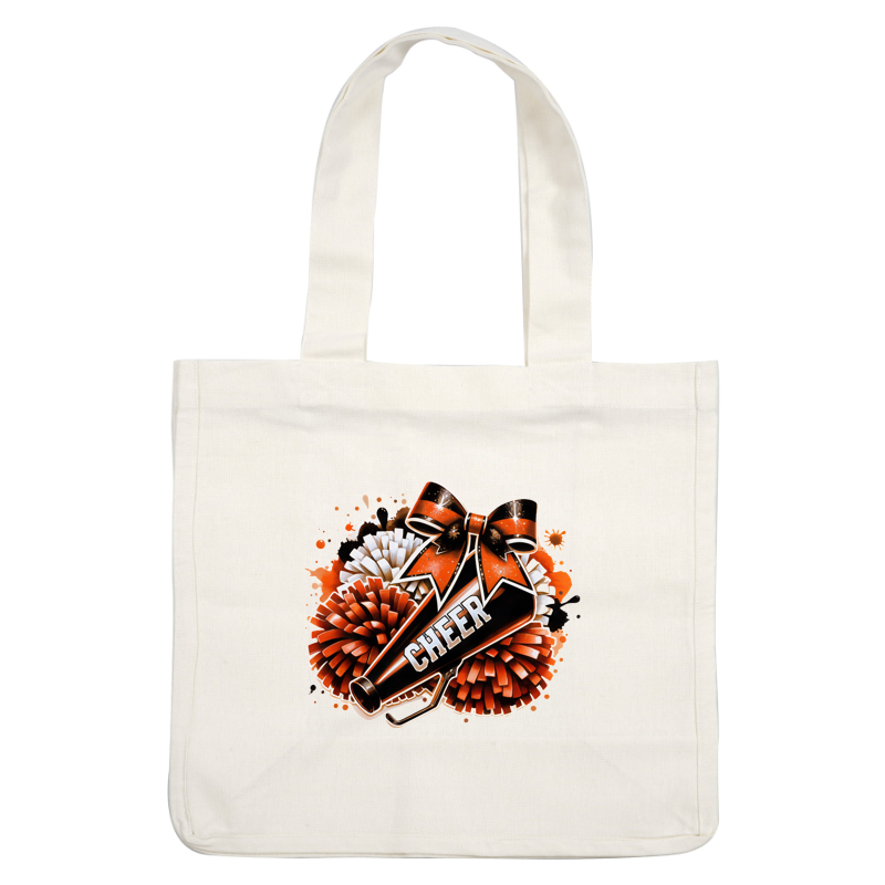 Un gráfico vibrante de porristas que presenta un megáfono negro con la palabra "CHEER", rodeado de pompones coloridos y un lazo festivo. Transferencias DTF