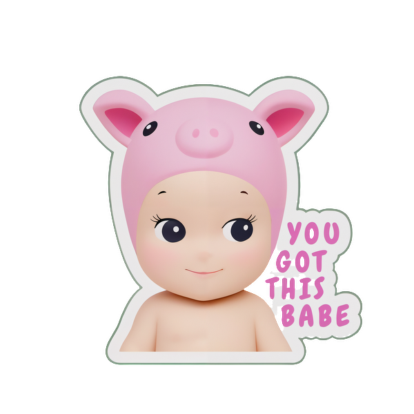 A cute, cartoonish baby wearing a pink pig hat, accompanied by the motivational phrase "YOU GOT THIS BABE" in playful lettering.DTF Transfers dtf prints