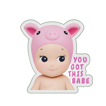 A cute, cartoonish baby wearing a pink pig hat, accompanied by the motivational phrase "YOU GOT THIS BABE" in playful lettering.DTF Transfers dtf prints