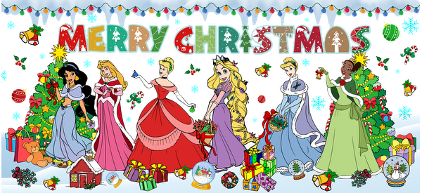 A festive illustration featuring beloved princesses in elegant holiday attire, celebrating Christmas with vibrant decorations and gifts.UV Transfers dtf prints