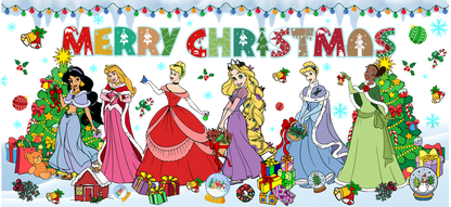 A festive illustration featuring beloved princesses in elegant holiday attire, celebrating Christmas with vibrant decorations and gifts.UV Transfers dtf prints