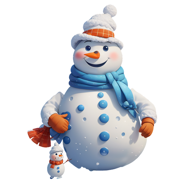 A cheerful, cartoonish snowman with a blue scarf and orange hat, holding a small snowman, radiates winter joy.DTF Transfers dtf transfers