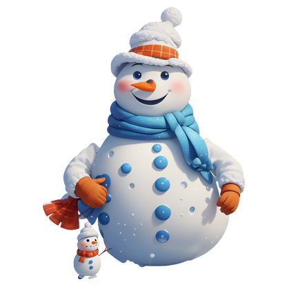 A cheerful, cartoonish snowman with a blue scarf and orange hat, holding a small snowman, radiates winter joy.DTF Transfers dtf transfers