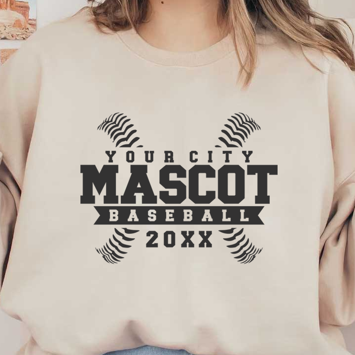 Logotipo personalizable para un equipo de béisbol que presenta "La mascota de tu ciudad" con detalles de costura de béisbol y el marcador de posición del año "20XX". Transferencias DTF