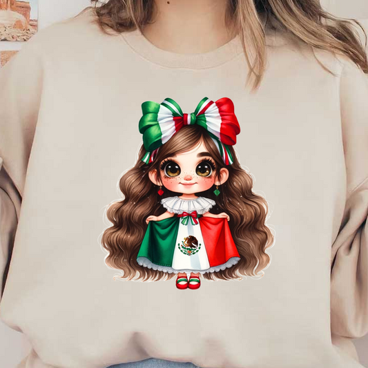 A charming young girl in a festive dress featuring the Mexican flag, adorned with colorful hair ribbons and a joyful smile. dtf prints