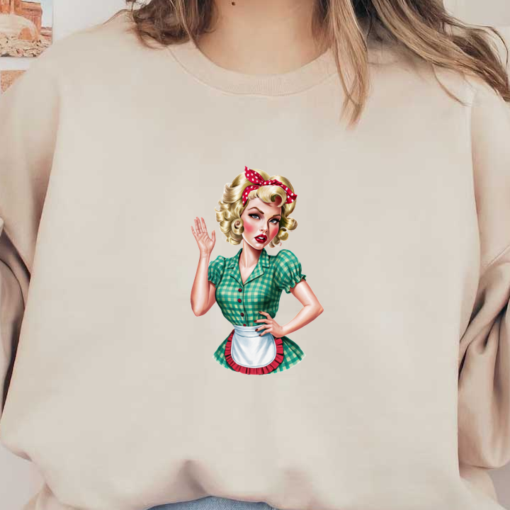 A vintage-style pin-up girl in a green checkered dress and apron, playfully waving with a retro hairdo and headband. heat press transfers