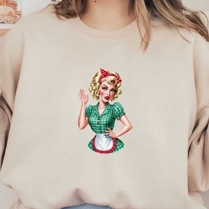 A vintage-style pin-up girl in a green checkered dress and apron, playfully waving with a retro hairdo and headband. heat press transfers