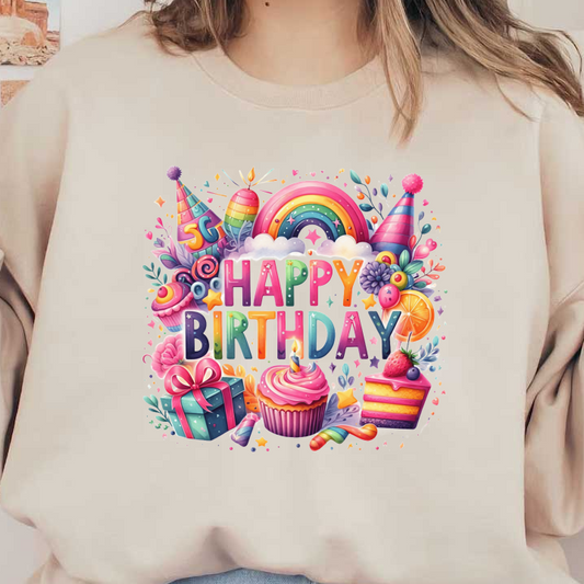 A vibrant and cheerful birthday illustration featuring colorful cupcakes, gifts, a rainbow, and festive party decor, celebrating the special day!DTF Transfers