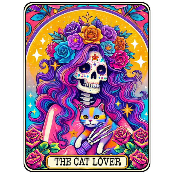 Una vibrante pieza artística que presenta a una mujer con temática de calavera con cabello colorido, adornada con flores y sosteniendo un gato.