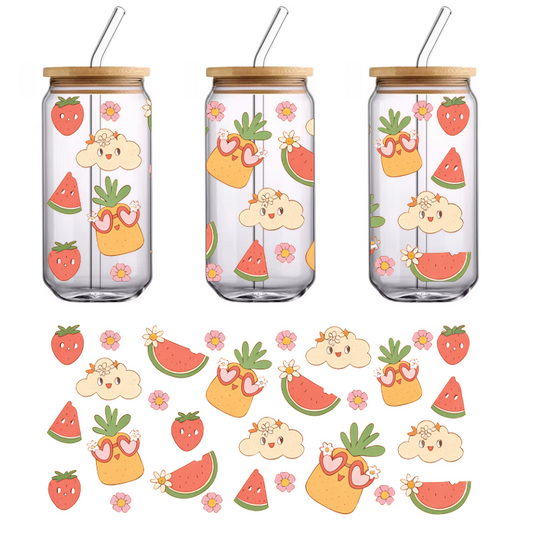 A vibrant and cute pattern featuring smiling fruits like pineapples with heart-shaped glasses, strawberries, watermelons, and cheerful clouds.UV Transfers dtf transfers