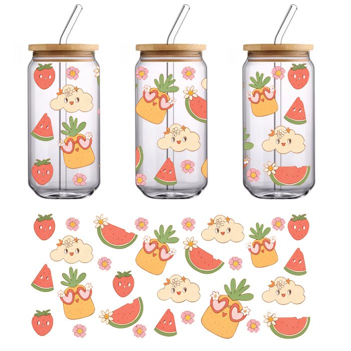 A vibrant and playful pattern featuring cute fruit characters, including pineapples, strawberries, and watermelon, adorned with cheerful clouds and flowers.UV Transfers dtf transfers