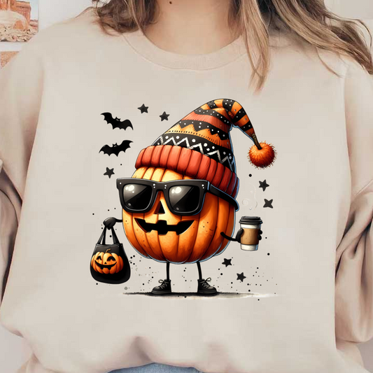 Un divertido personaje de dibujos animados de calabaza que usa gafas de sol y un gorro de punto estampado, sosteniendo un café y una bolsa de mano de Halloween.