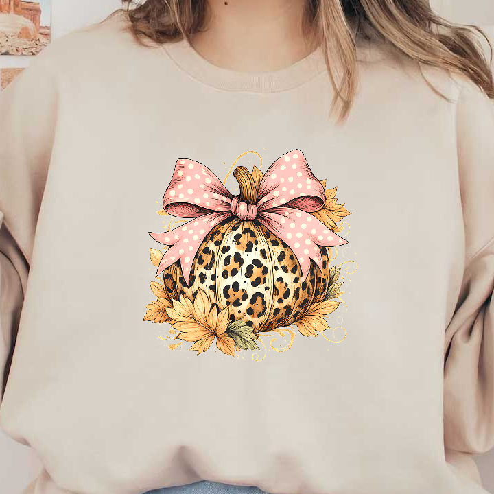 Charming pumpkin illustration adorned with a polka dot bow and autumn leaves.DTF Transfers