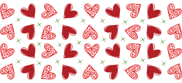 A vibrant pattern featuring red hearts and green stars, perfect for festive decorations or Valentine’s Day-themed designs.UV Transfers dtf prints