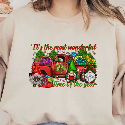 Celebrate the season with a cheerful illustration featuring gnomes, a vintage red truck, and festive gifts under a vibrant holiday message.DTF Transfers dtf transfersdtf regular iron