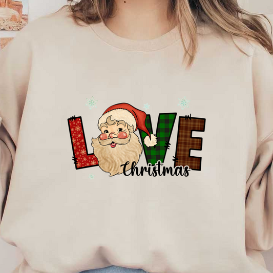 A festive illustration featuring Santa Claus along with colorful letters spelling "LOVE," adorned with snowflakes and cheerful patterns. dtf prints