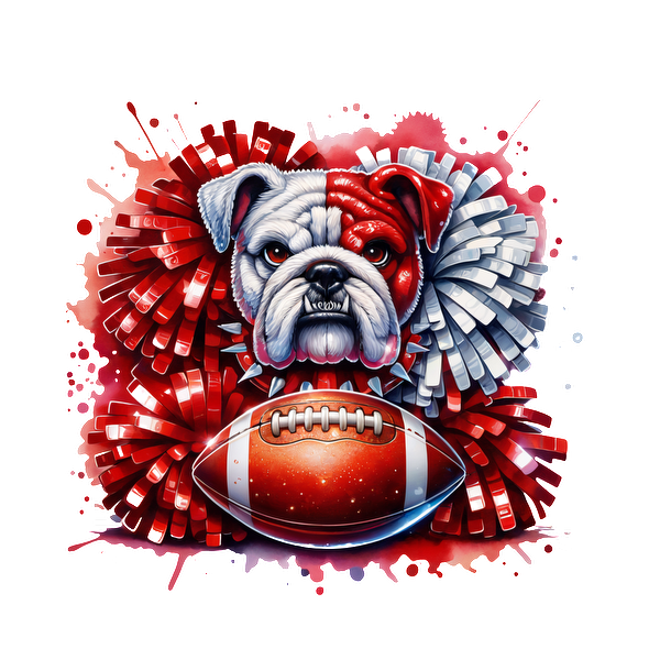 Una ilustración vibrante que presenta un bulldog entre pompones rojos y plateados, con un balón de fútbol en primer plano. Transferencias DTF