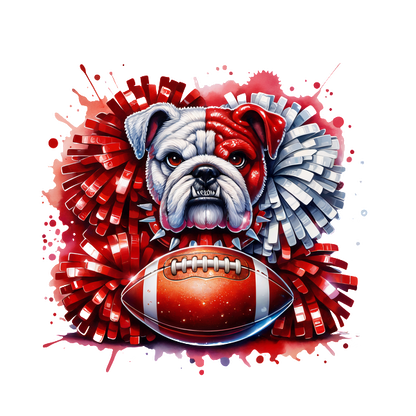 Una ilustración vibrante que presenta un bulldog entre pompones rojos y plateados, con un balón de fútbol en primer plano. Transferencias DTF