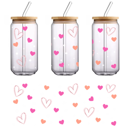 A pattern of hearts against a black background.UV Transfers