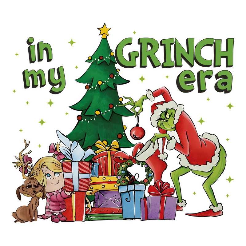 Celebrate the holiday spirit with this whimsical illustration featuring the Grinch, Christmas tree, and colorful presents!DTF Transfers heat press transfers dtf transfers