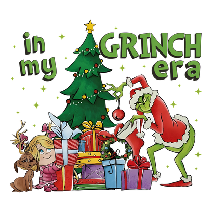 Celebrate the holiday spirit with this whimsical illustration featuring the Grinch, Christmas tree, and colorful presents!DTF Transfers heat press transfers dtf transfers