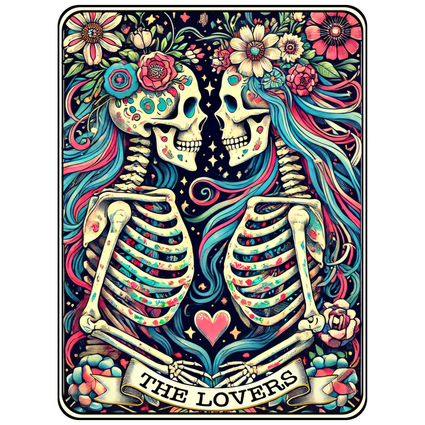 A vibrant illustration of two skeletons, adorned with flowers and colorful hair, symbolizing love with "THE LOVERS" text.dtf regular iron