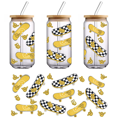 A vibrant pattern featuring playful skateboards in yellow with checkered designs and cheerful banana graphics, ready for fun!UV Transfers dtf prints