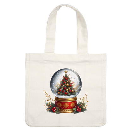 A festive Christmas snow globe featuring a decorated tree with red and gold accents, set on a vibrant red base. dtf prints