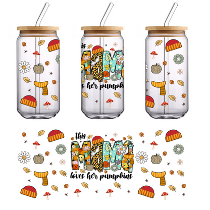 A playful and colorful "MOM" design featuring various patterns, flowers, and autumn-themed elements like scarves and mushrooms.UV Transfersdtf regular iron