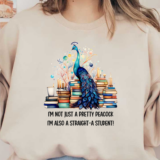 Un pavo real colorido se encuentra sobre una pila de libros, celebrando el conocimiento con una cita divertida sobre ser un estudiante con notas sobresalientes.