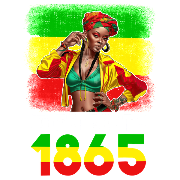 A vibrant Juneteenth celebration graphic featuring a stylish woman in a colorful outfit, highlighted by the year "1865." heat press transfers