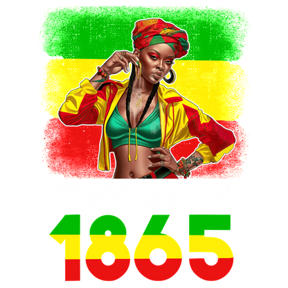 A vibrant Juneteenth celebration graphic featuring a stylish woman in a colorful outfit, highlighted by the year "1865." heat press transfers