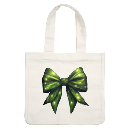 A vibrant green bow adorned with sparkling lights, perfect for festive decorations or special occasions. heat press transfers