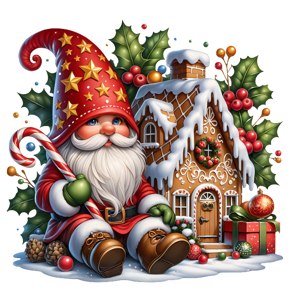 A cheerful Christmas gnome with a red starry hat holds a candy cane beside a snowy gingerbread house and festive gifts.DTF Transfers dtf prints