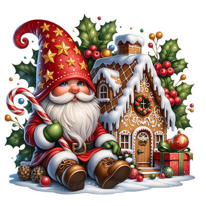 A cheerful Christmas gnome with a red starry hat holds a candy cane beside a snowy gingerbread house and festive gifts.DTF Transfers dtf prints