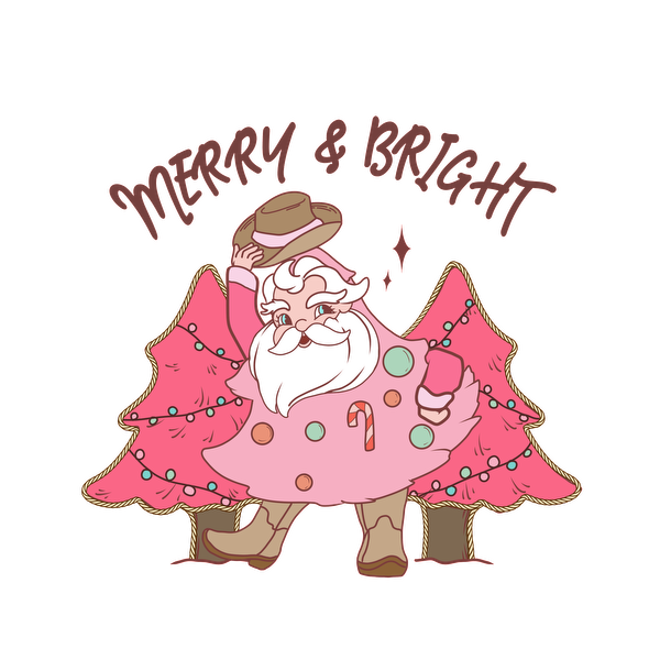 A whimsical illustration featuring a cheerful Santa dressed as a pink Christmas tree, complete with ornaments and a festive hat. dtf transfers