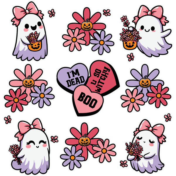 A cute Halloween-themed sticker set featuring ghost characters with bows, flowers, pumpkins, and playful phrases for spooky fun! dtf prints