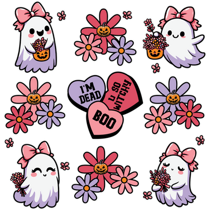 A cute Halloween-themed sticker set featuring ghost characters with bows, flowers, pumpkins, and playful phrases for spooky fun! dtf prints