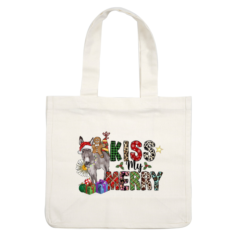 A festive illustration featuring a donkey in a Santa hat and colorful text that reads "KISS MERRY," decorated with gifts.DTF Transfers heat press transfers