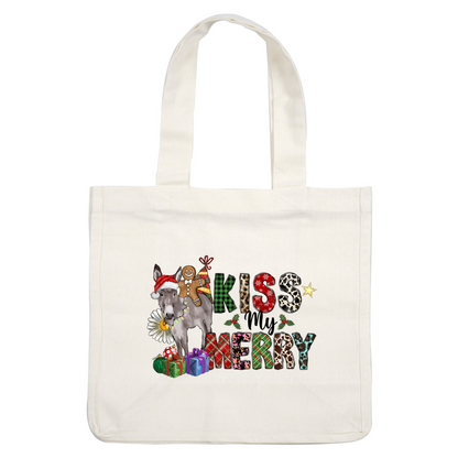 A festive illustration featuring a donkey in a Santa hat and colorful text that reads "KISS MERRY," decorated with gifts.DTF Transfers heat press transfers