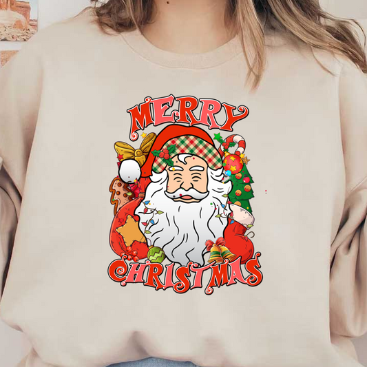 Cheerful Santa Claus illustration with festive elements, saying "Merry Christmas," surrounded by ornaments, a tree, and treats. dtf transfers