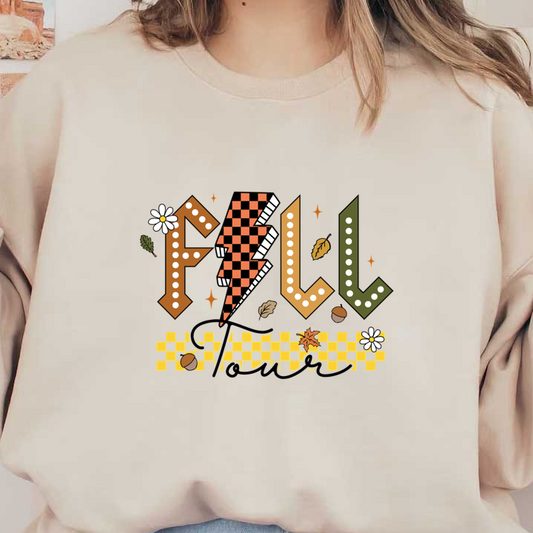 Celebrate the season with this vibrant "FALL" graphic featuring bold colors, playful patterns, and autumn-themed accents. dtf prints